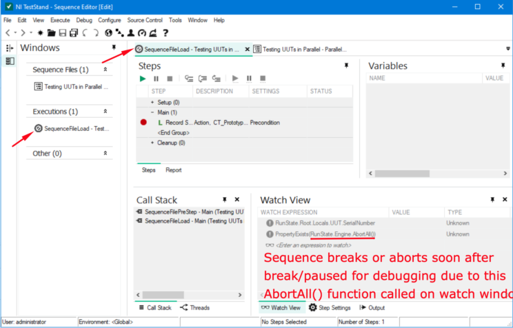 In this case, the sequence stops/aborts soon after a breakpoint is reached to pause the sequence as the watch window is then executing the AbortAll() function which is called in the watch window. 