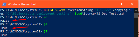 Then when I tried $? again I found a contradictory results. Basically $? in powershell returned whether the last command executed good or not. For itself executed again in next line give true.